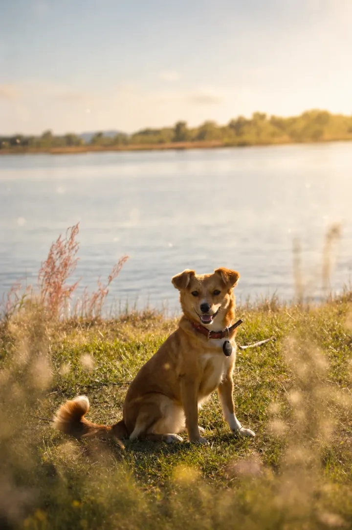 Lisa, a gentle rescued dog sitting peacefully by the water in warm evening light