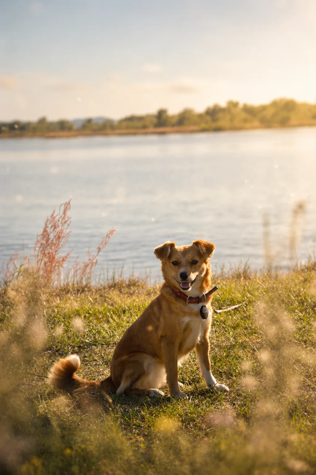 Lisa, a gentle rescued dog sitting peacefully by the water in warm evening light